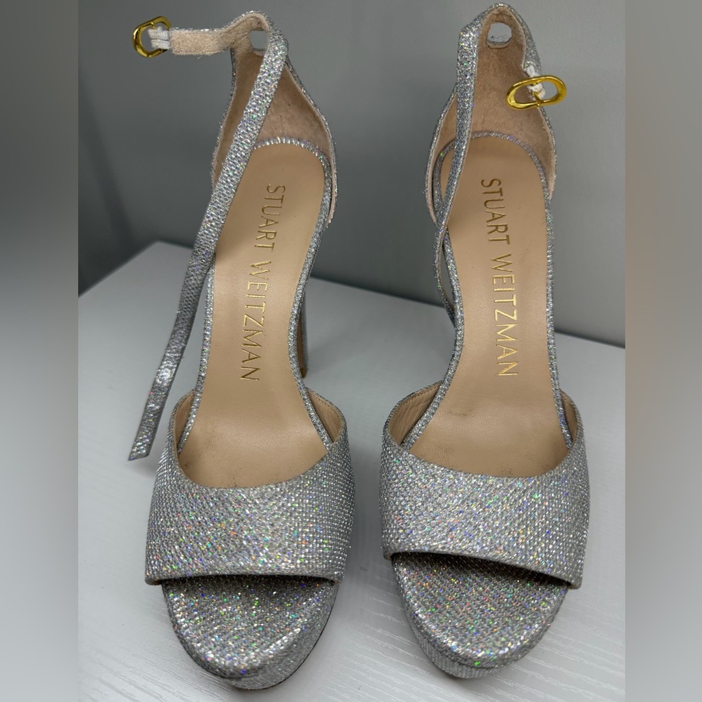$575 Stuart Weitzman Disco Platform Sandals Silve… - image 2